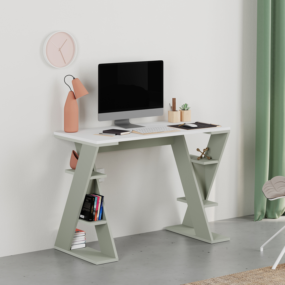 Decortie Papillon 6 Shelf Desk White and Ash Green Image 5