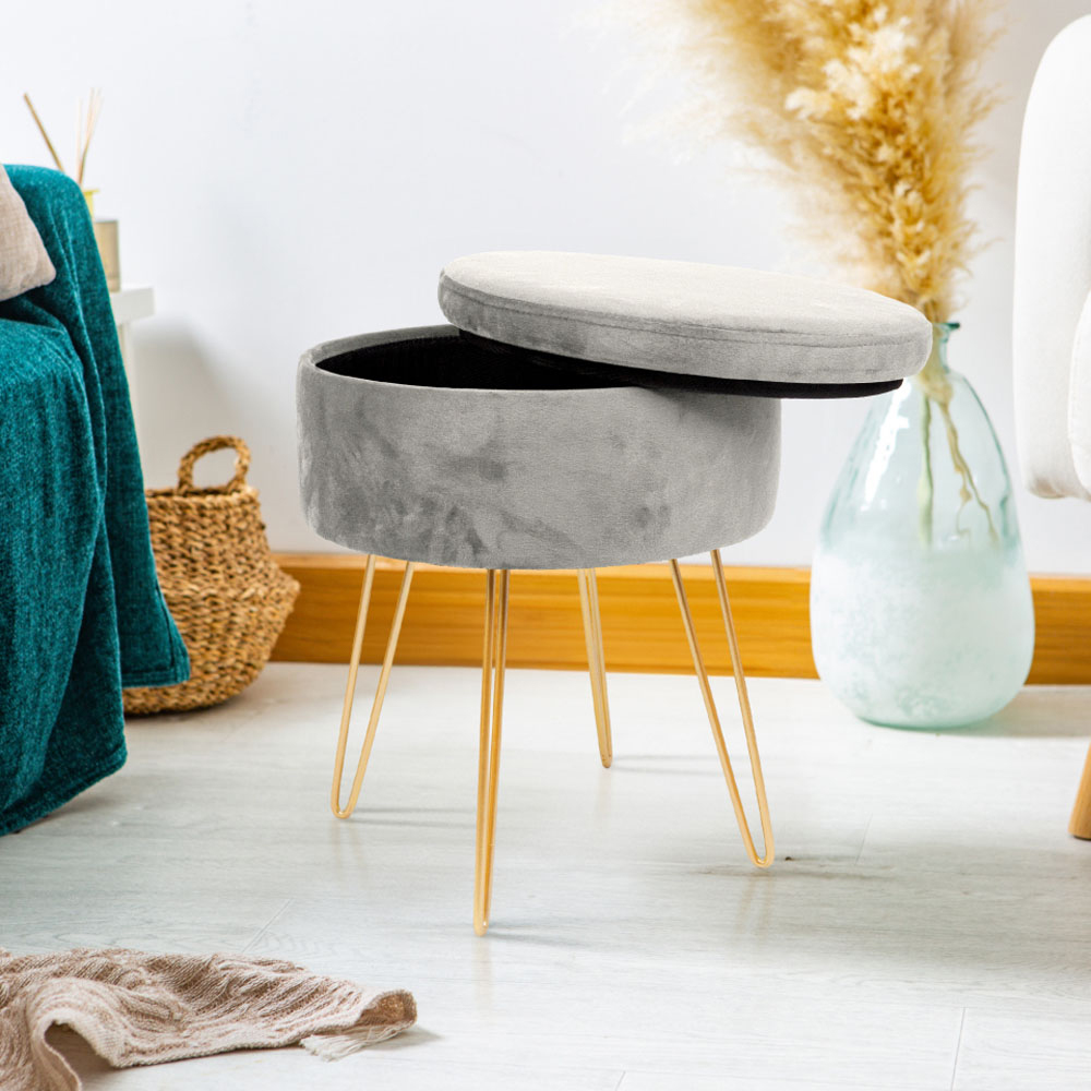 Harbour Housewares Grey and Gold Velvet Round Footstool with Storage Image 4