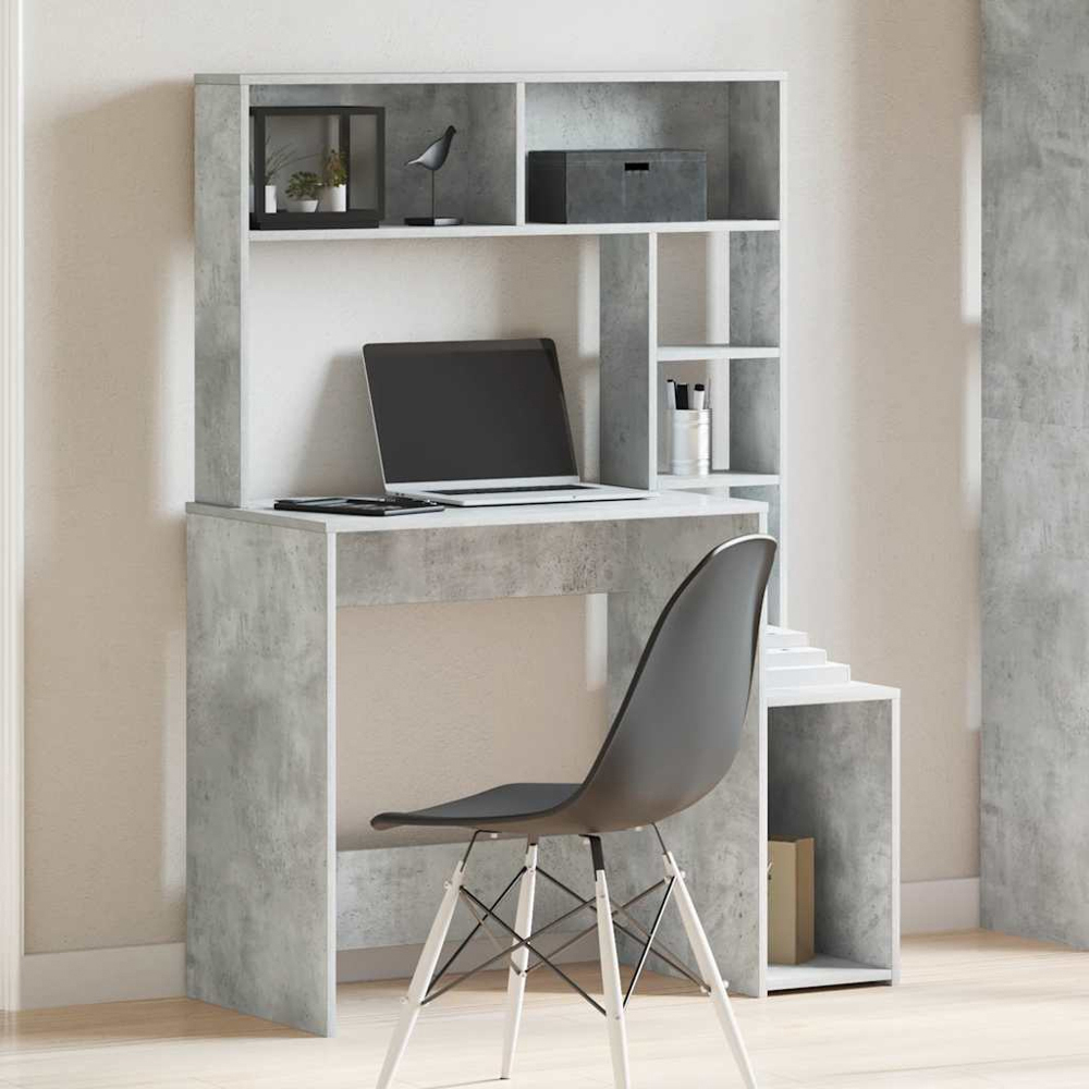 vidaXL 6 Shelf Study Desk Concrete Grey Image 1