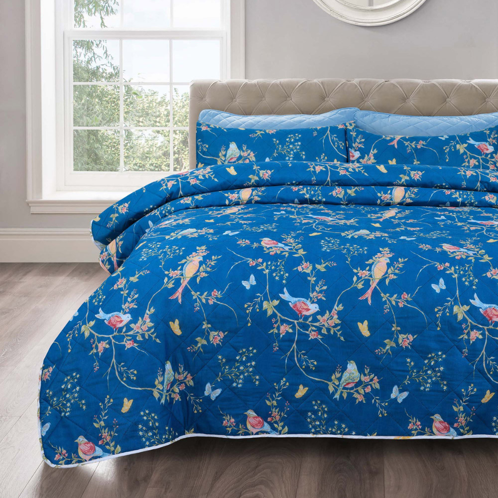 Velosso Single Birds Floral Navy Bedspread Set Image 1