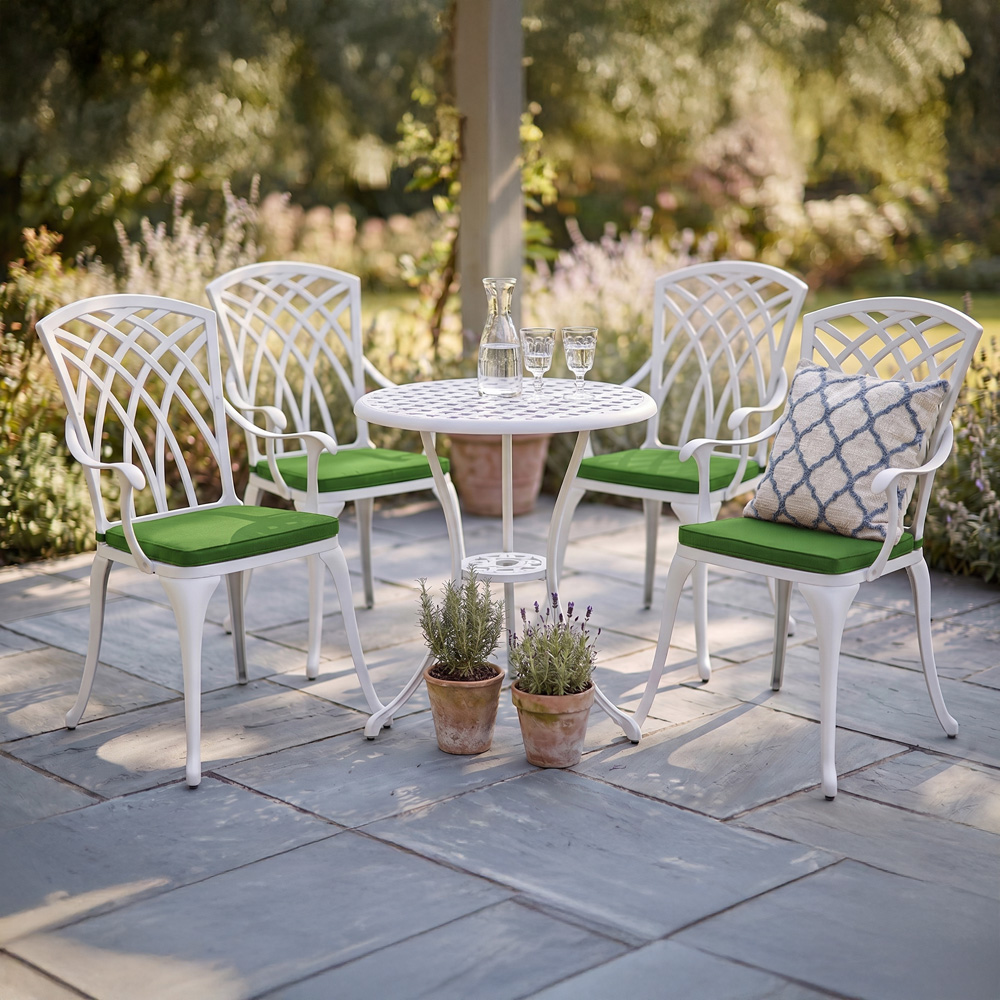 Centurion Oshowa 4 Seater White and Green Cast Aluminium Garden Bistro Set with Cushions Image 1