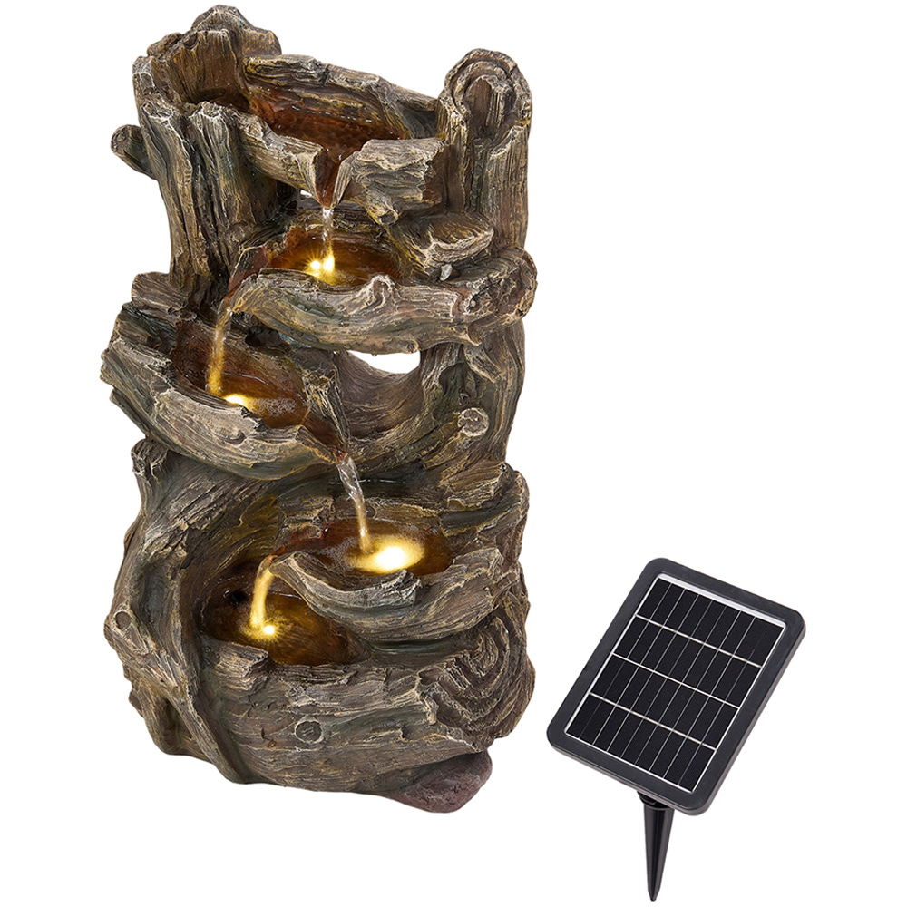 Living and Home 5-Tier Rustic Log Wood and Rock Effect Solar LED Water Feature Image 1