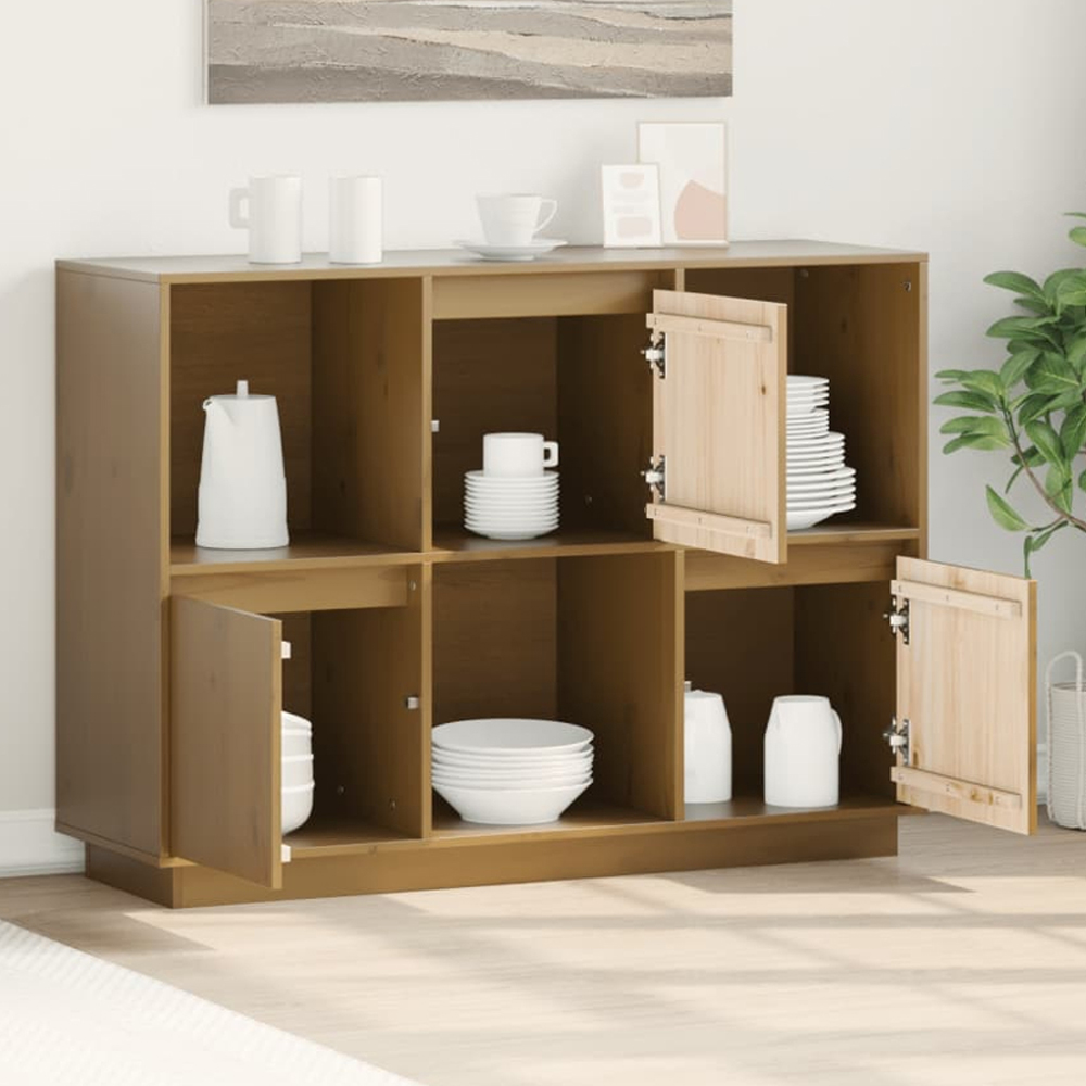 vidaXL 3 Door 3 Shelf Honey Brown Solid Wood Pine Sideboard Image 1