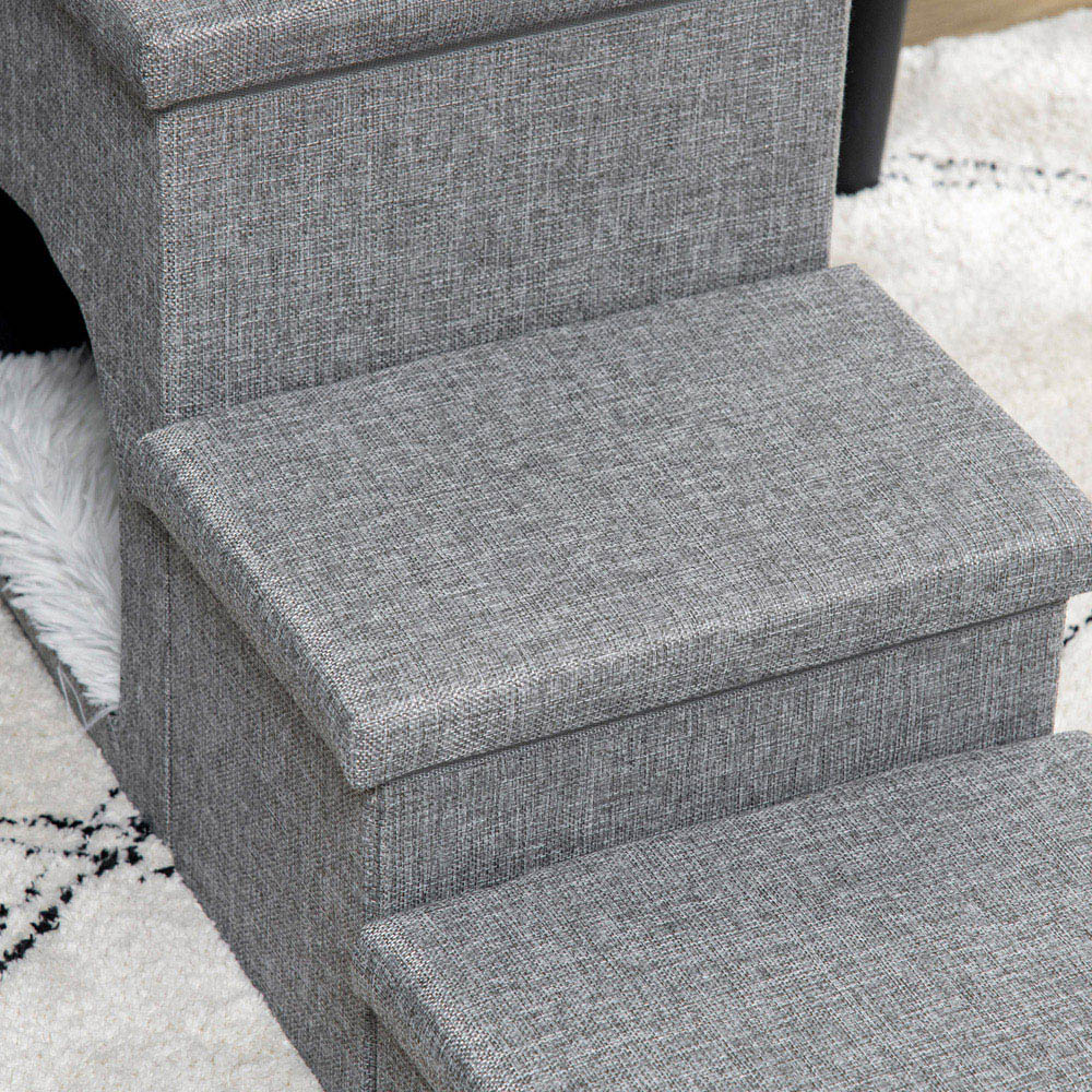 PawHut 3 Step Faux Linen Pet Stairs with Mini House Image 3