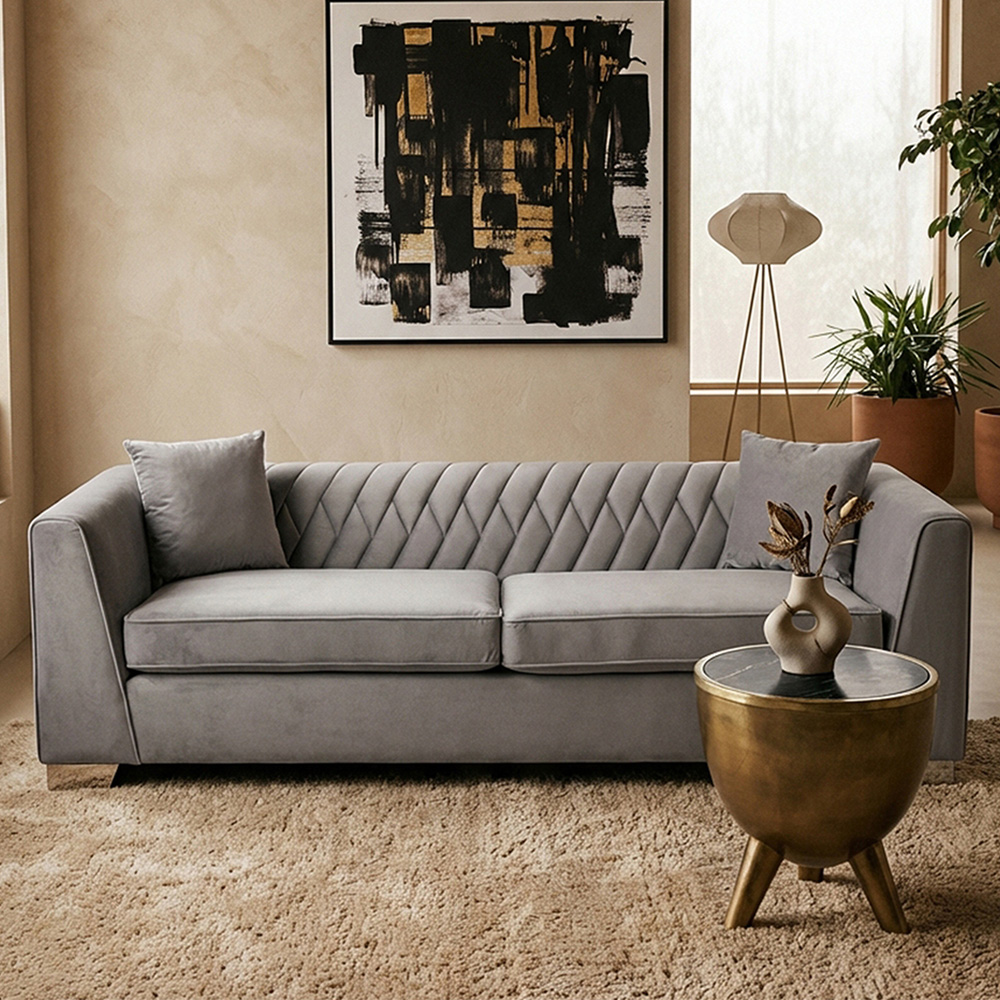 Premier Housewares Rashika 3 Seater Grey Velvet Sofa Image 1
