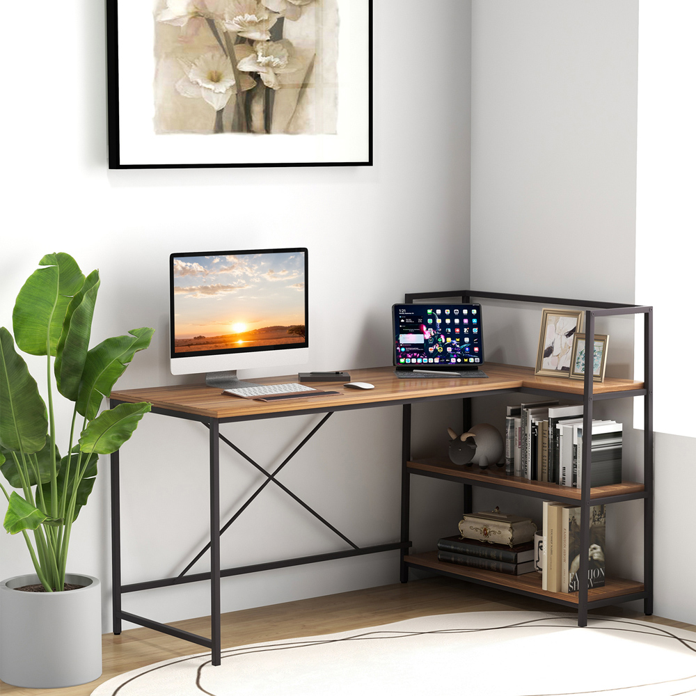 Costway 3 Shelf Reversible L-Shaped Computer Desk Walnut Image 3