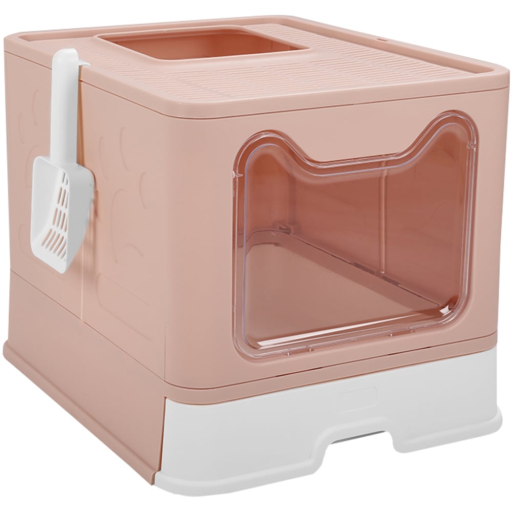 H&O Direct Plastic Foldable Pink Cat Litter Box with Top Entry and Scoop Image 1