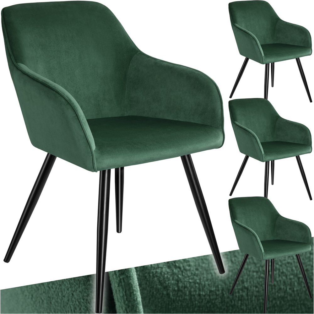 tectake Marilyn Set of 4 Dark Green and Black Velvet Look Padded Dining Chairs Image 2