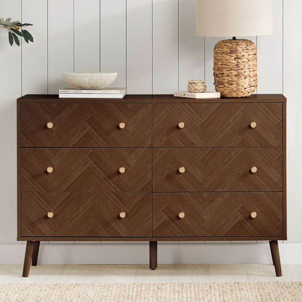 Herringford 6 Drawer Walnut Chevron Chest of Drawers Image 1