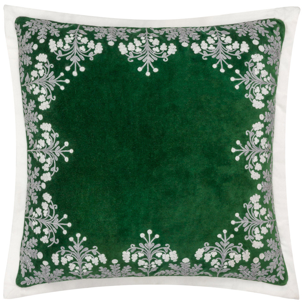 Paoletti Winter Bloom Embroidered Green Cotton Velvet Cushion 50 x 50cm Image 1