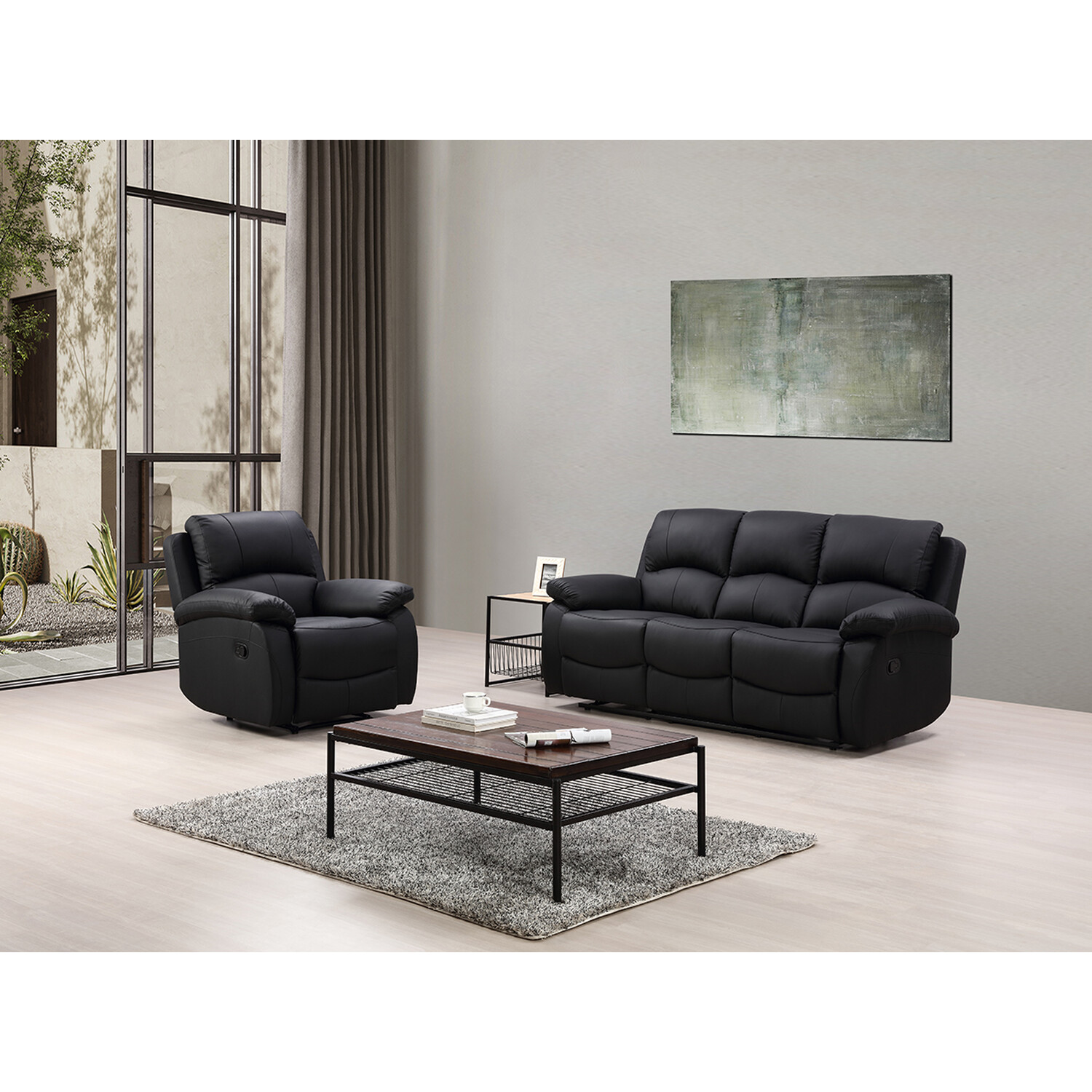 Milano 3 Seater Black Leather Manual Recliner Sofa Image 6