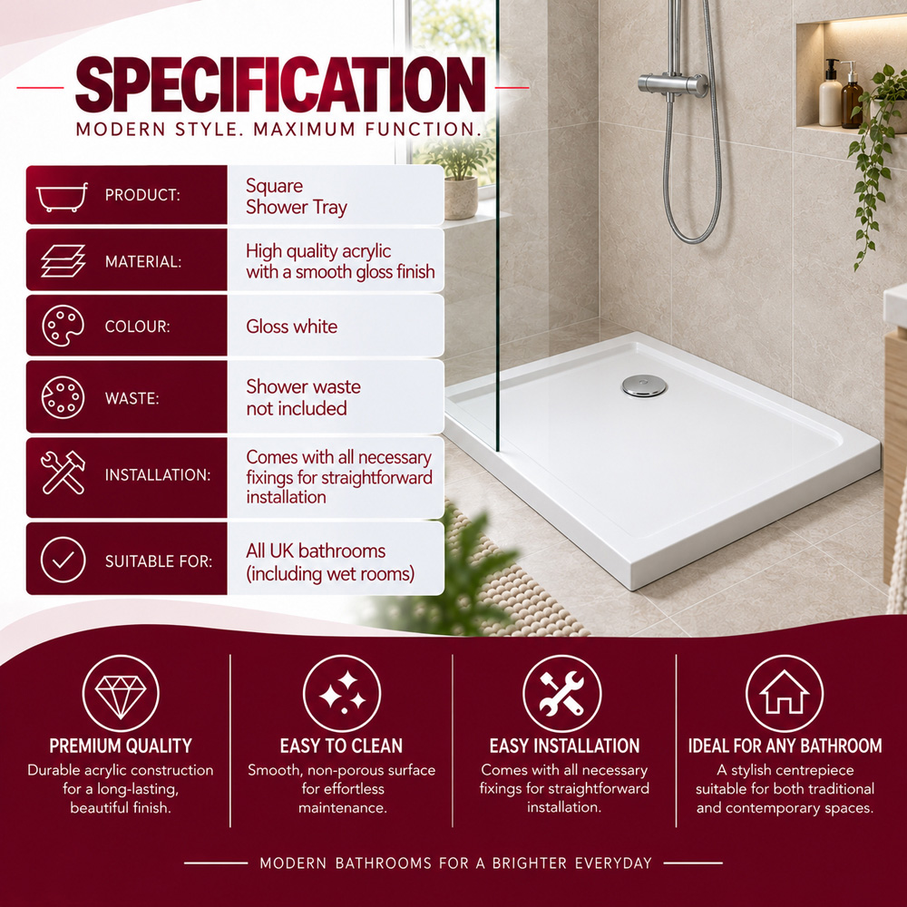 Go Bathrooms 30mm White Low Profile Square Shower Tray 1000 x 900mm Image 4