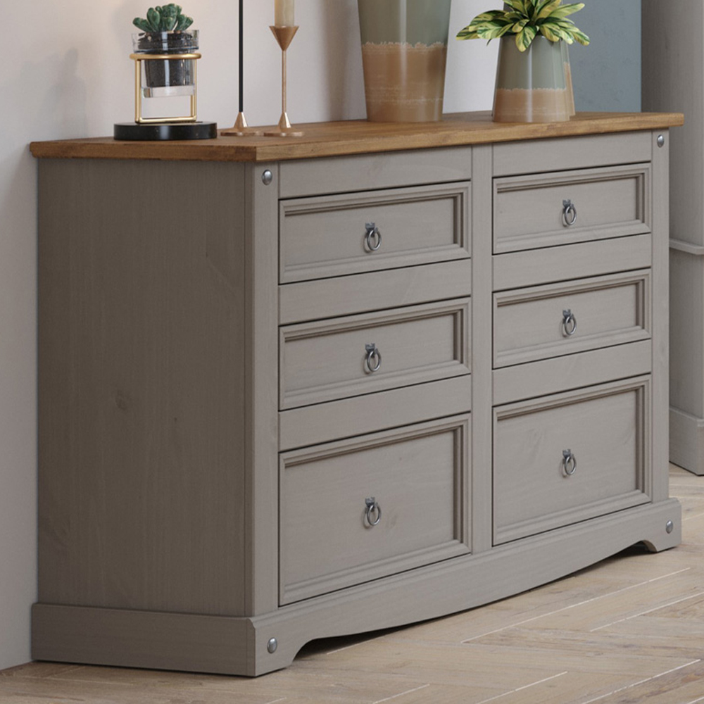 Corona 6 Drawer Grey Washed Wax Finish Wide Chest of Drawers Image 1