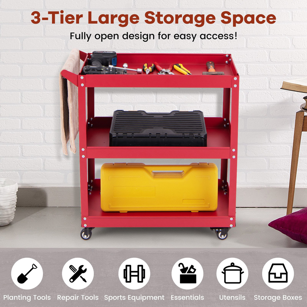 Costway 3 Shelf Red Rolling Service Trolley Image 6