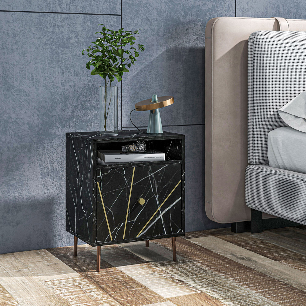 Portland Single Drawer Single Shelf Black Marble Bedside Table Image 4