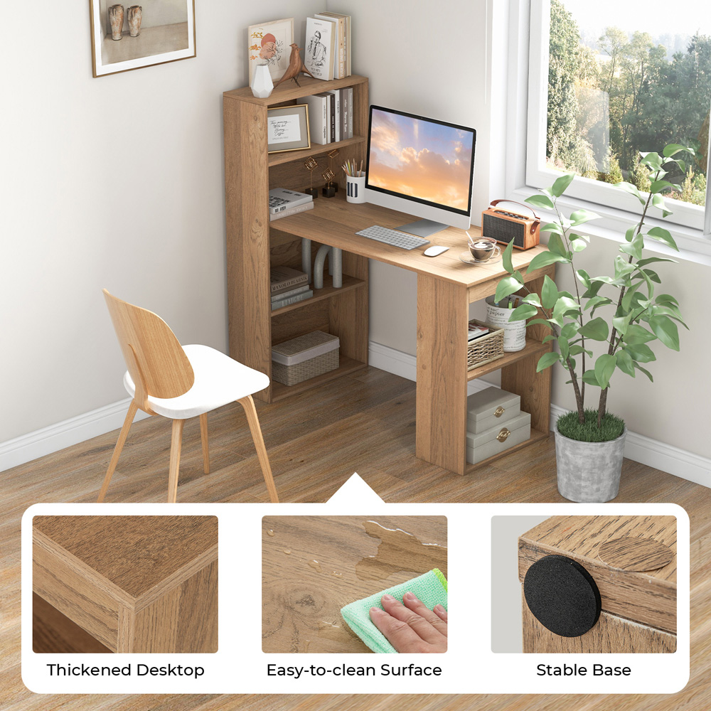 Costway Wooden Computer Desk with Bookshelf Natural Image 7