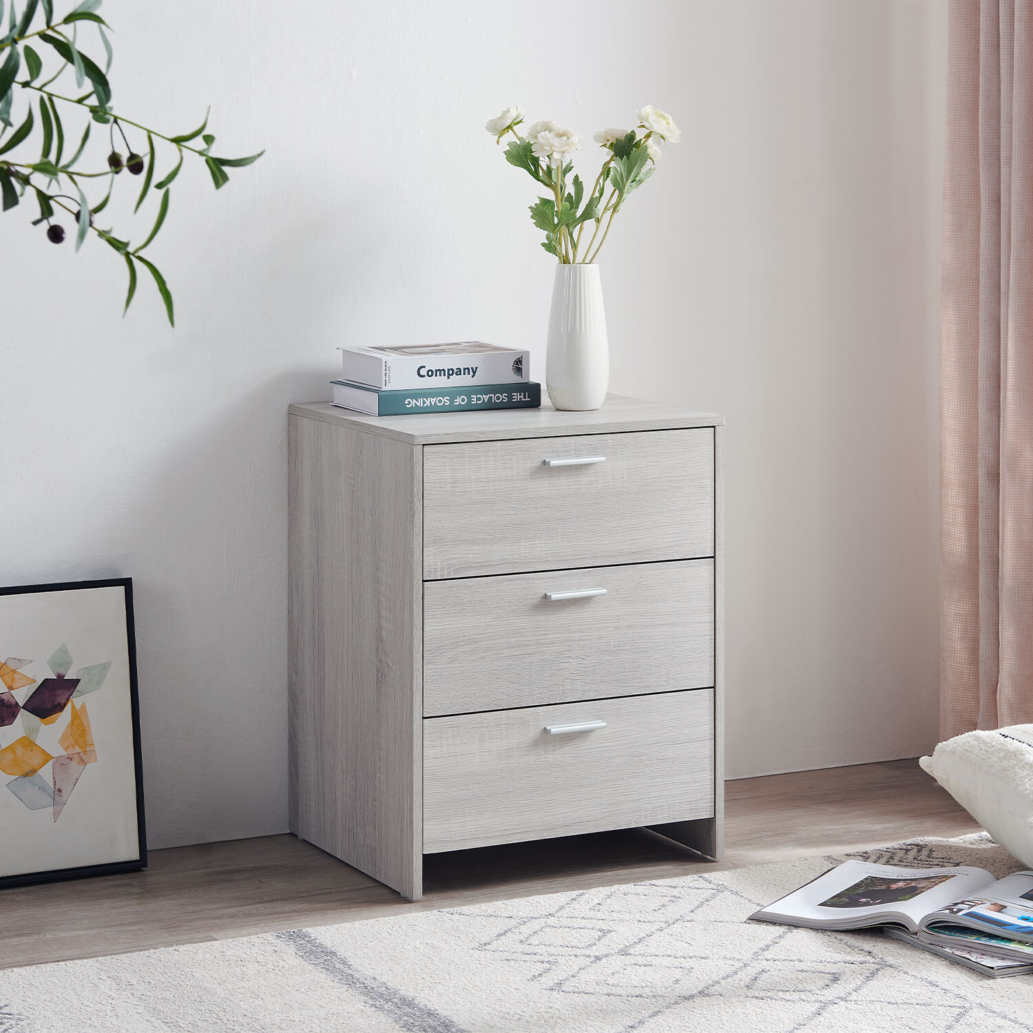 Hartley 3 Drawer Bedside Table Light Grey Wilko