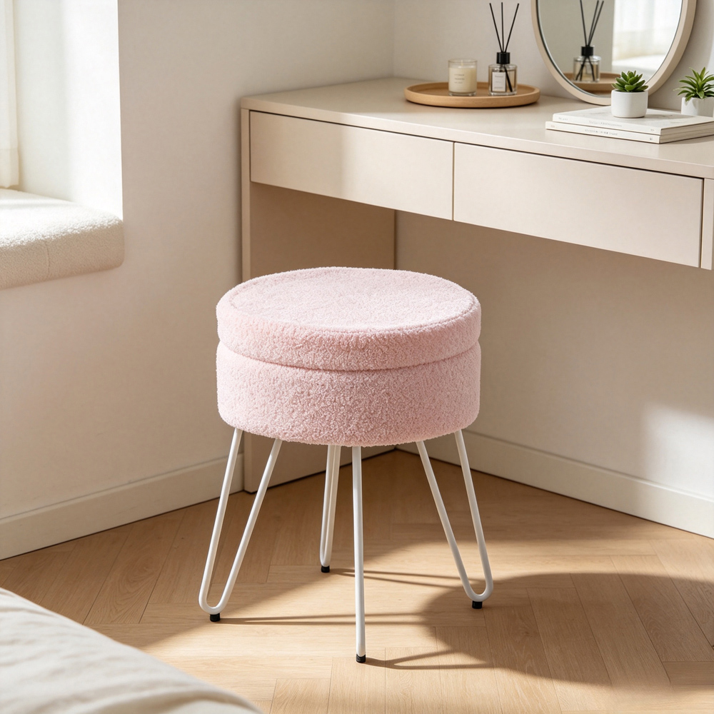 Living and Home Pink and White Teddy Fleece Hidden Storage Stool Image 8