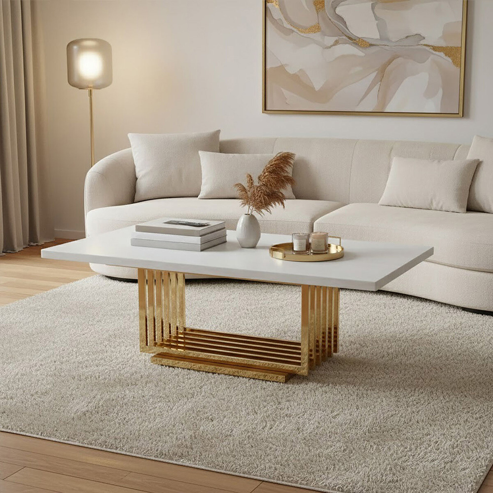 Premier Housewares Ivory White Marble Top Coffee Table with Gold Frame Image 5