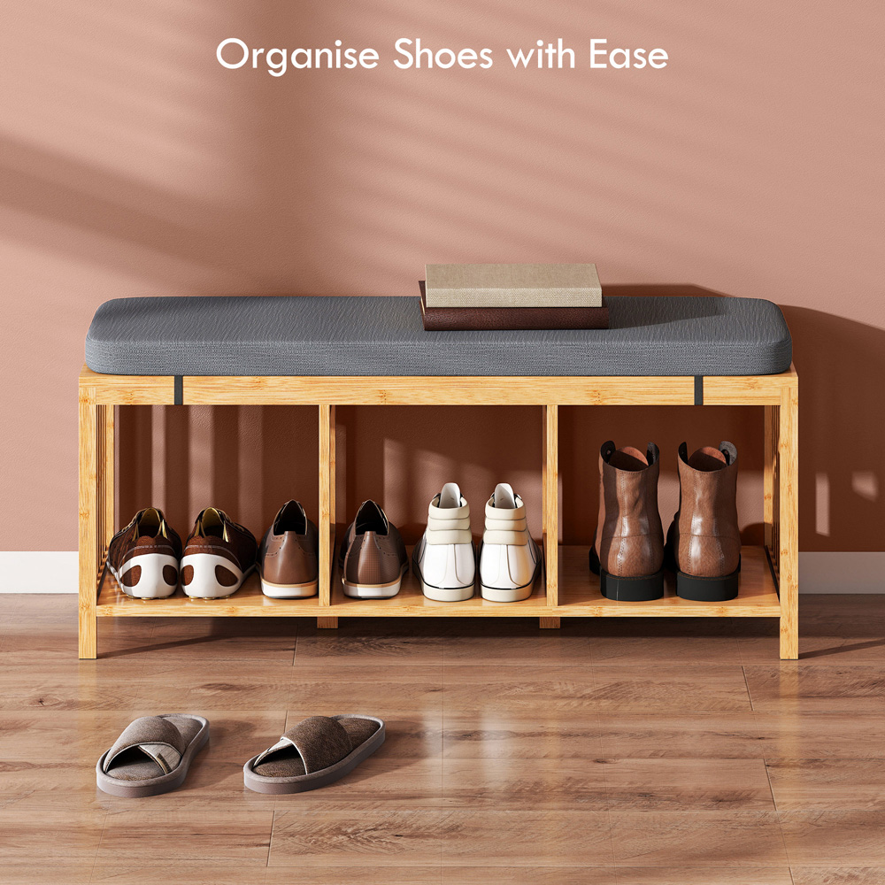 Portland Natural Wood Bamboo Shoe Storage Bench with Padded Seat Image 6