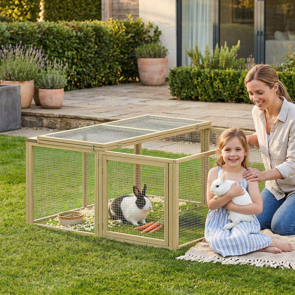 PawHut Natural Folding Wooden Rabbit Hutch with Openable Top Image 2