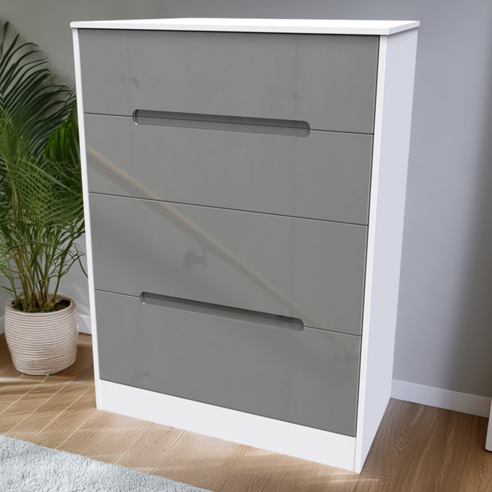 Crowndale Monaco 4 Drawer Grey Gloss and White Deep Chest of Drawers Ready Assembled Image 1