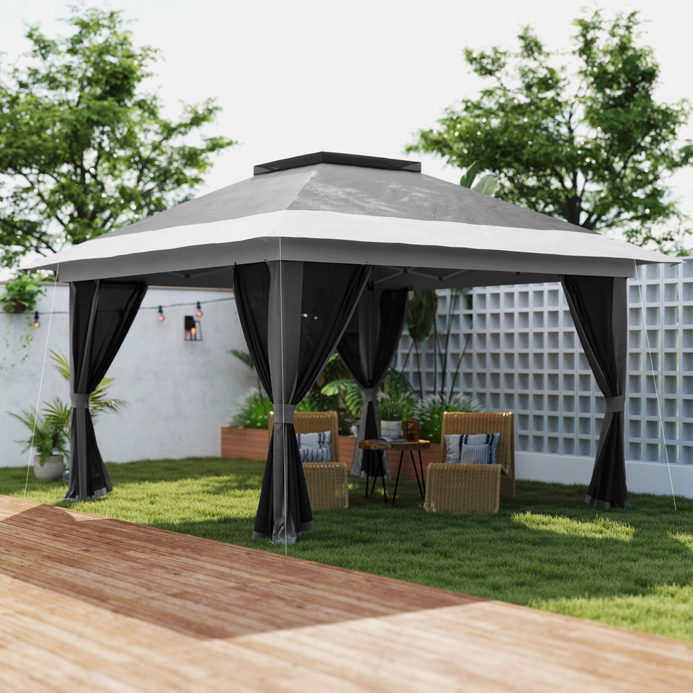 Outsunny 3.6 x 3.6m Dark Grey Pop Up Gazebo with Netting and Wheeled Carry Bag Image 1