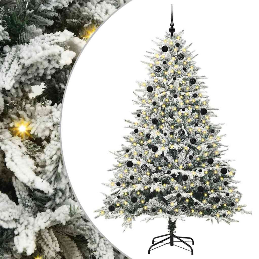 vidaXL 300 LED Pre-Lit Black Baubles Green Artificial Snow Flocked Christmas Tree 8ft Image 2