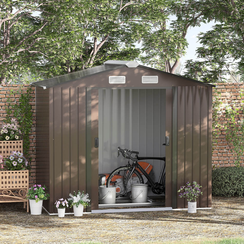 Outsunny 7 x 4ft Double Door Brown Garden Metal Shed Image 2
