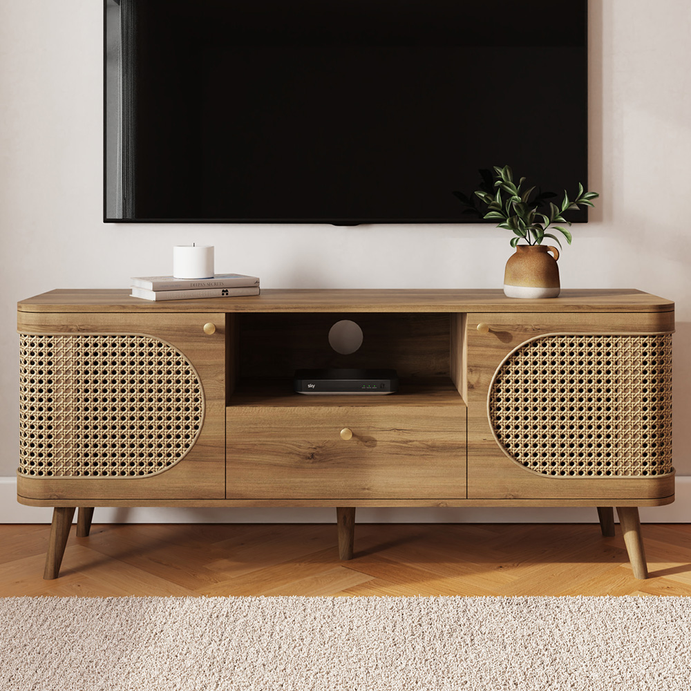 GFW Sorrel 2 Door Single Drawer Single Shelf Oak Rattan TV Unit Image 1