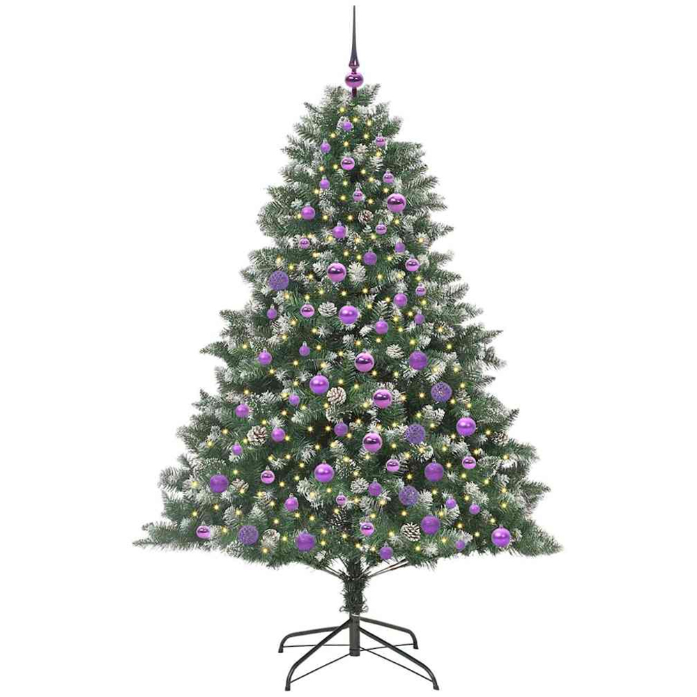 vidaXL Pre-Lit Lilac Baubles Green Artificial Snow Tipped Christmas Tree 6ft Image 1