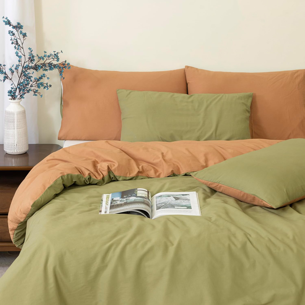 MHG Living Super King Size Olive Green Reversible Duvet Set Image 1