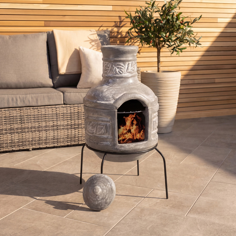 Charles Bentley Snug Granada Leaf Motif Clay Chiminea with BBQ Grill Lid and Stand Image 7