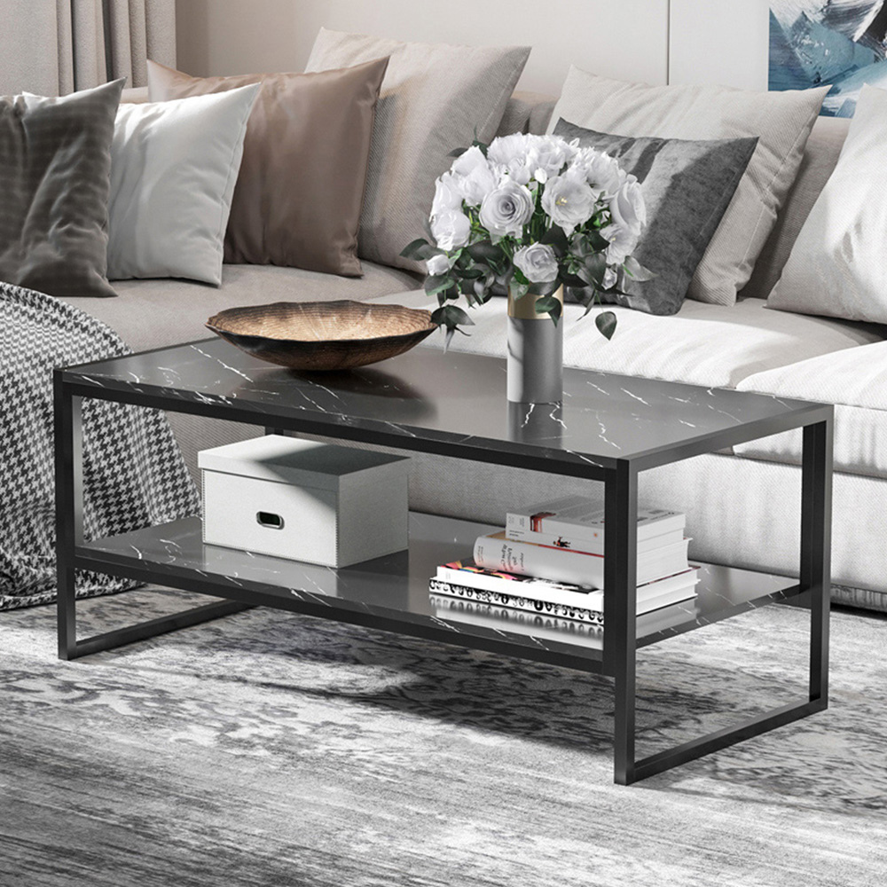 Portland 2 Tier Black Laminated Marble Print Coffee Table Image 1