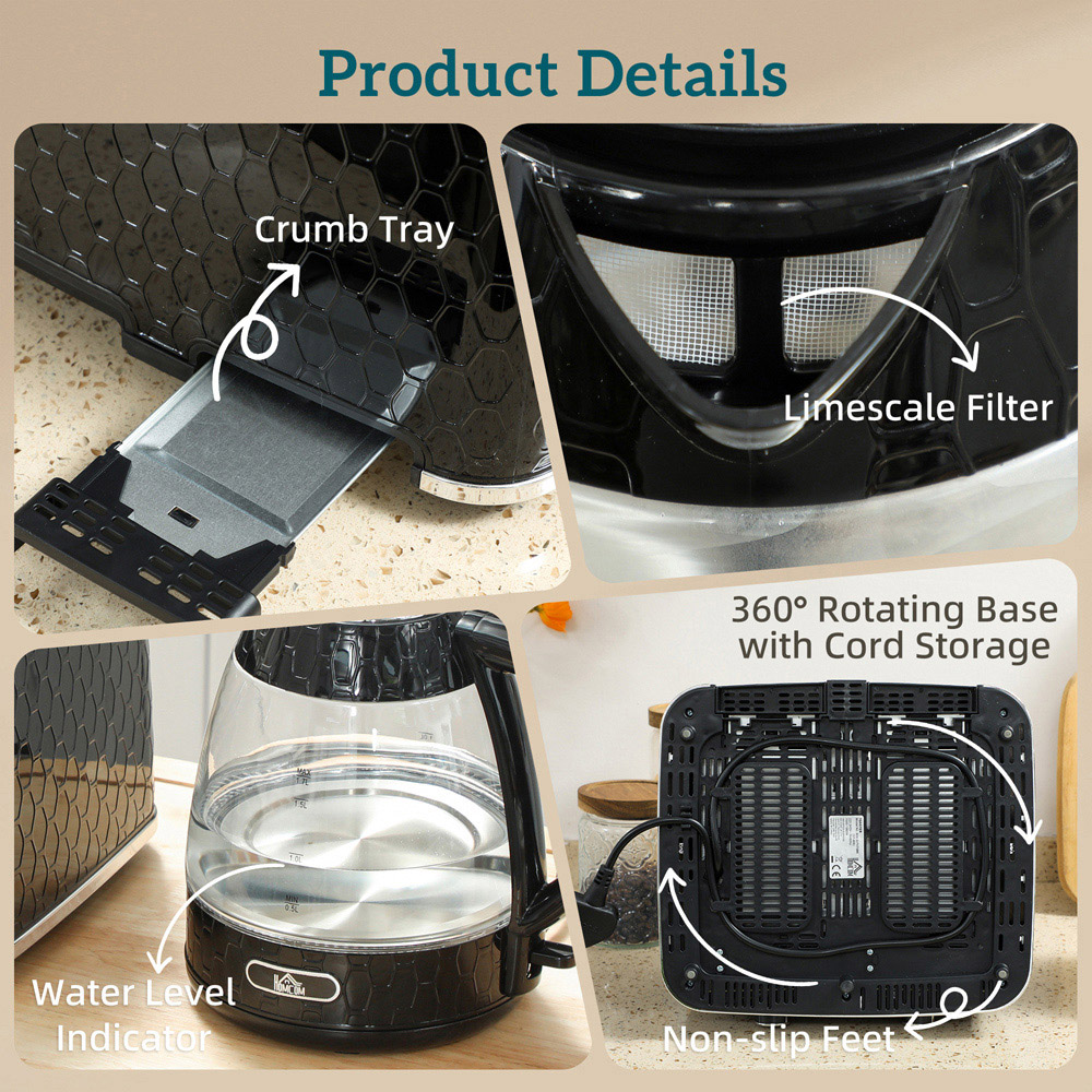 HOMCOM Black 1.7L Fast Boil Kettle and 4 Slice Toaster Set Image 3