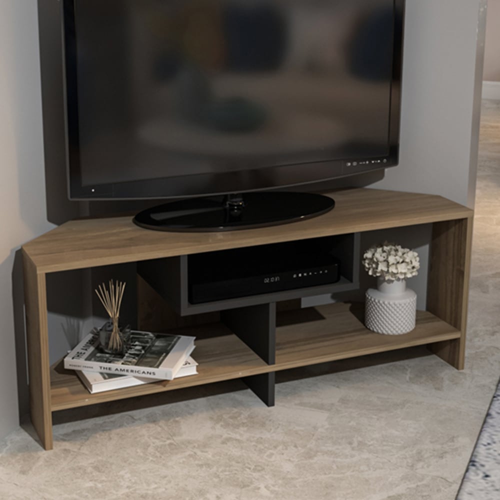 Decorotika Maldives 3 Shelf Walnut and Black Corner TV Unit Image 1