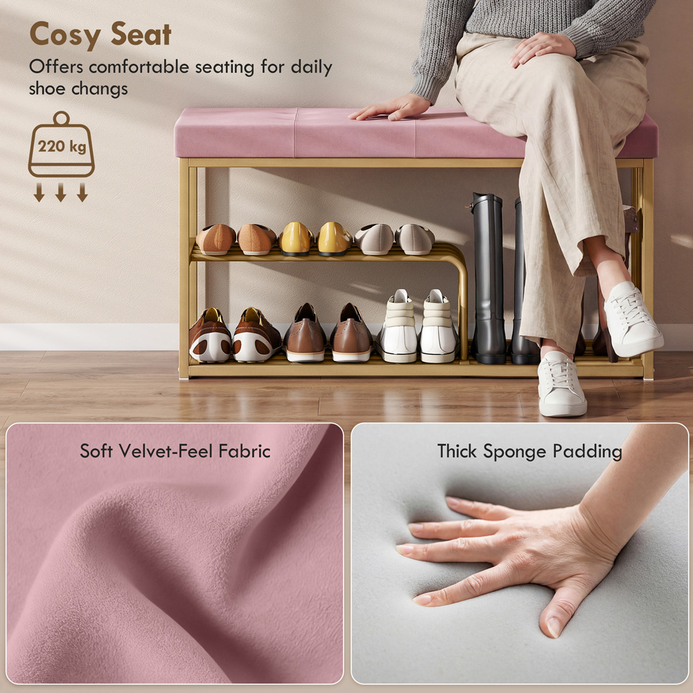 Portland 3 Shelf Pink Shoe Rack Bench with Tufted Cushion Seat Image 4
