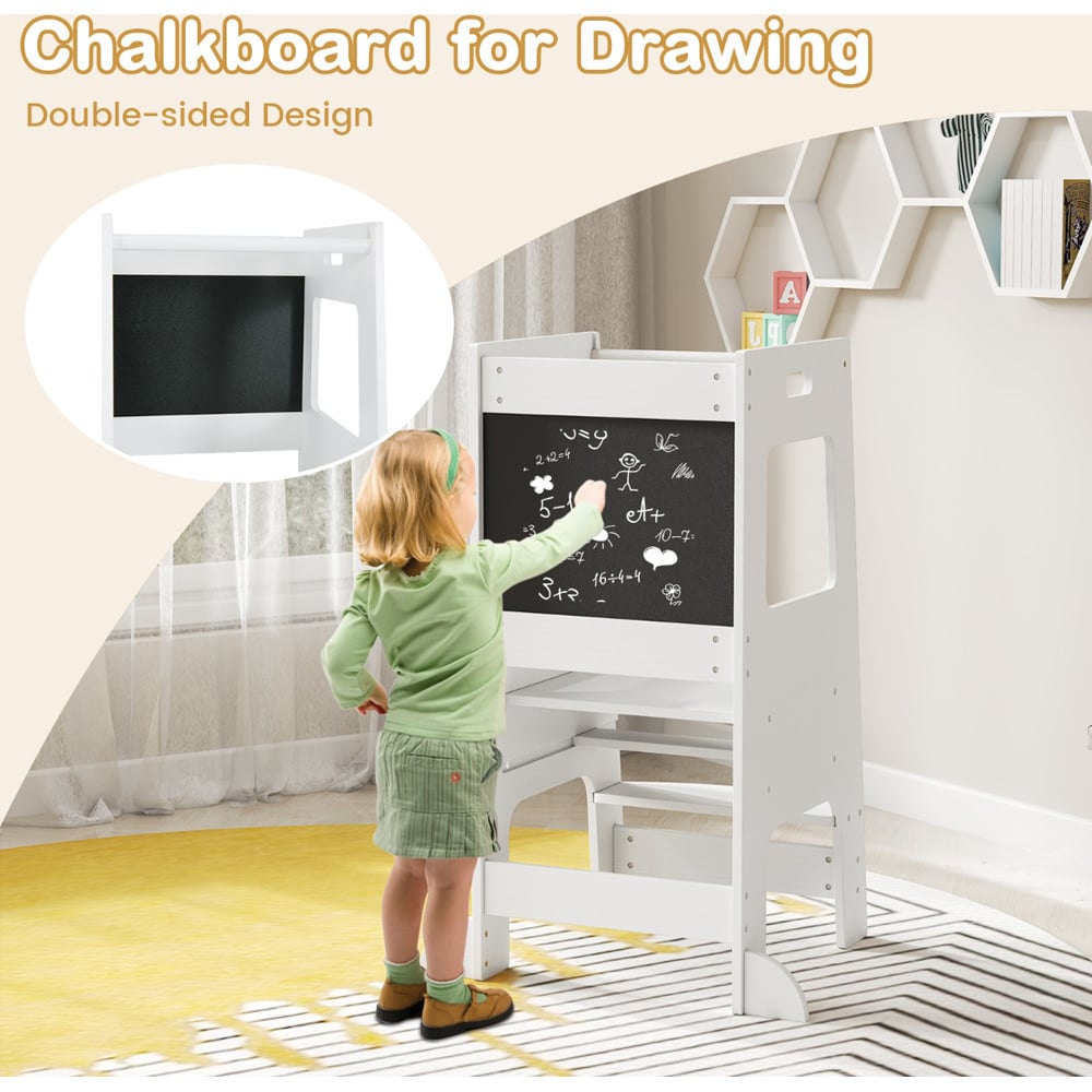 Costway White Adjustable Toddler Kitchen Step Stool with Activity Chalkboard Image 6