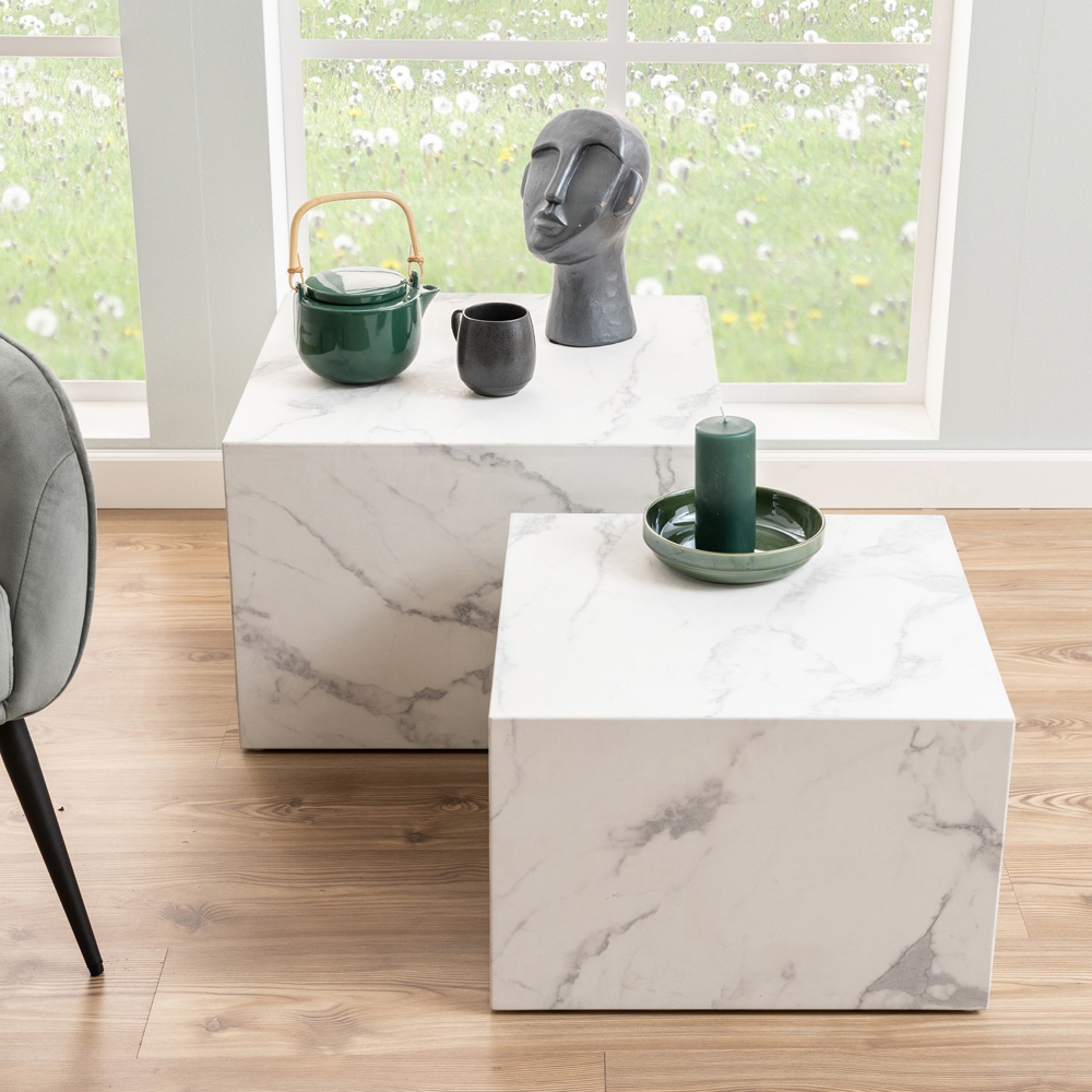 Florence Dice Square White Marble Carrara Coffee Table Set of 2 Image 7