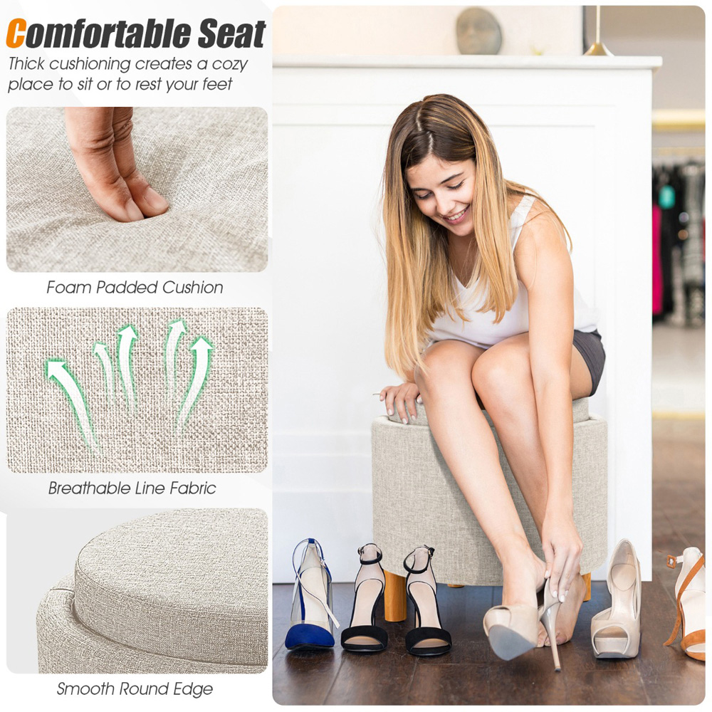Costway Beige Round Padded Ottoman Stool Image 6