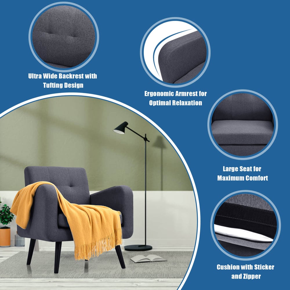 Costway Grey Mid Century Modern Upholstered Armchair Image 7