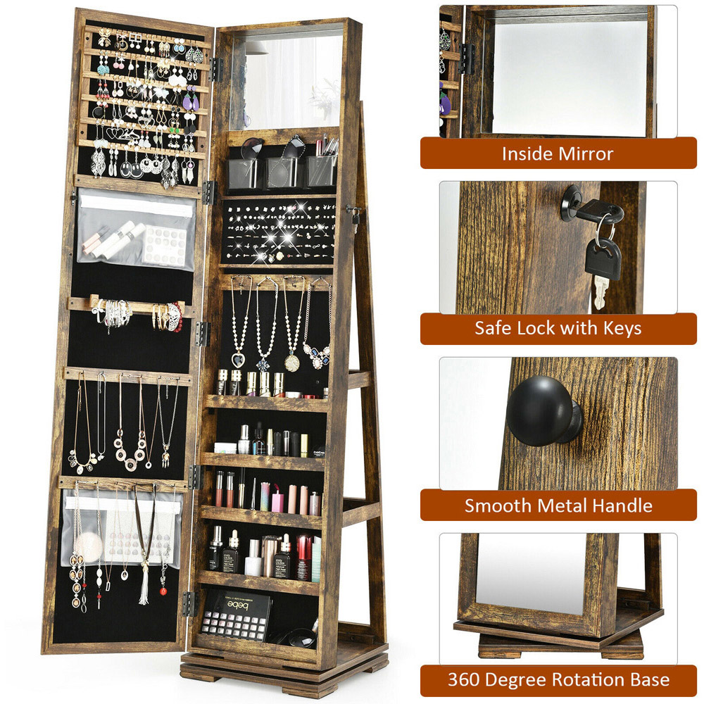 Costway Rustic Brown Rotatable Full Length Mirrored Jewellery Cabinet with 3 Shelf Image 8
