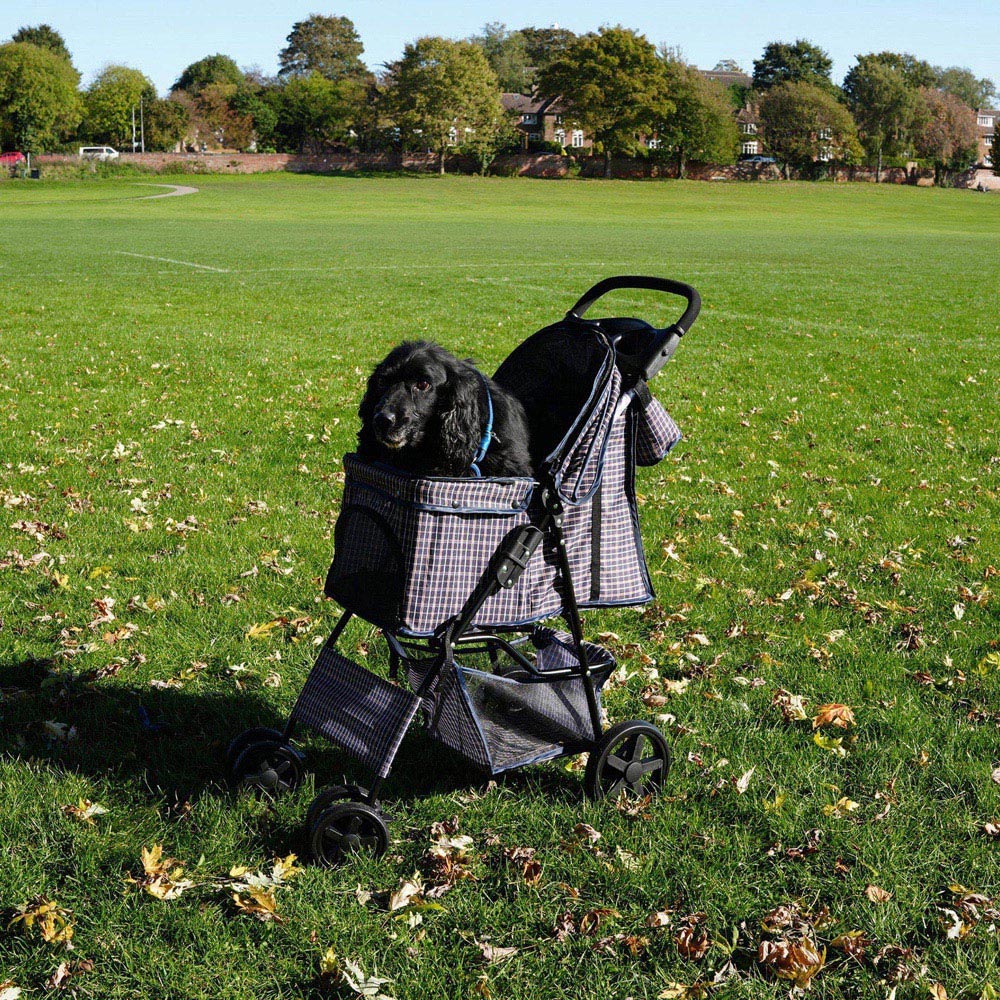 Monstershop Blue Tartan Pet Stroller with Rain Cover and Caddy Bag Image 2