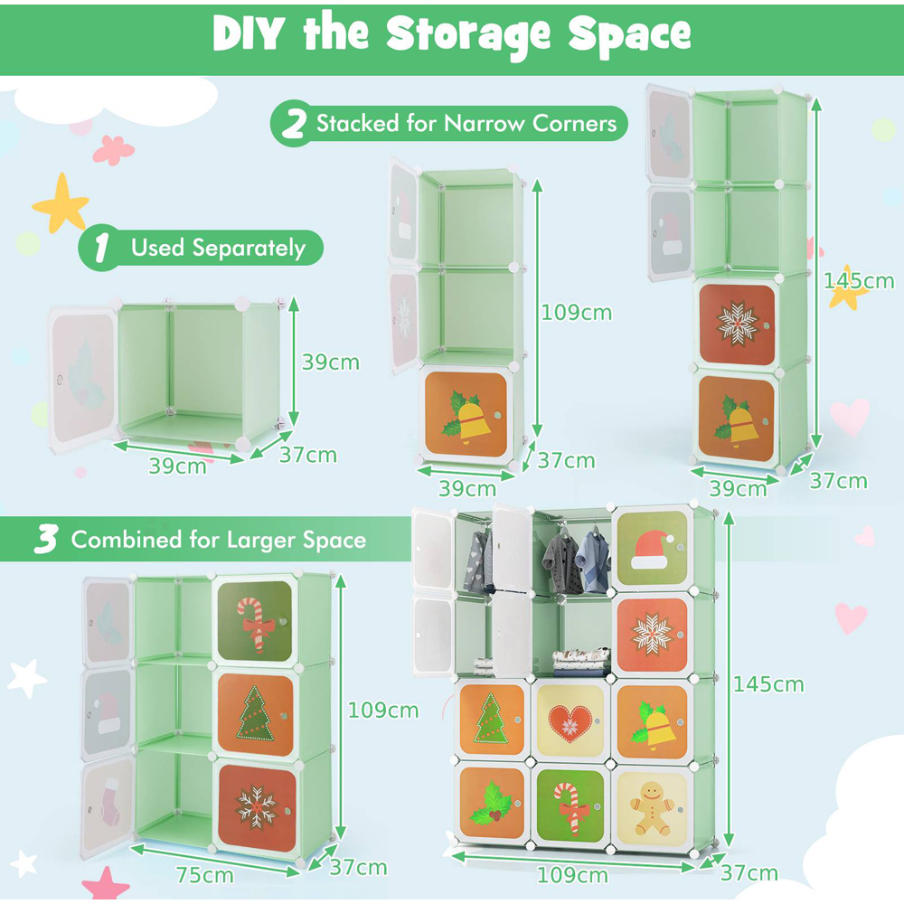 Costway 12 Cube Green Kids Portable Wardrobe Image 8