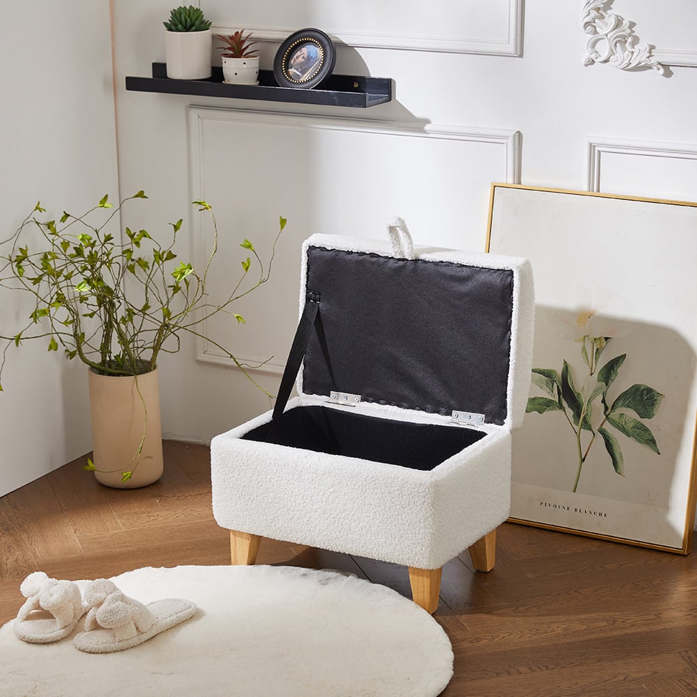 Living and Home White Teddy Fleece Upholstered Storage Ottoman Image 7