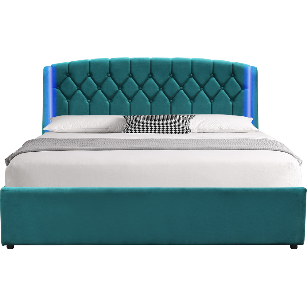 Comfy Living Double Green Fabric Gaslift Bed Frame with LED Headboard Image 2