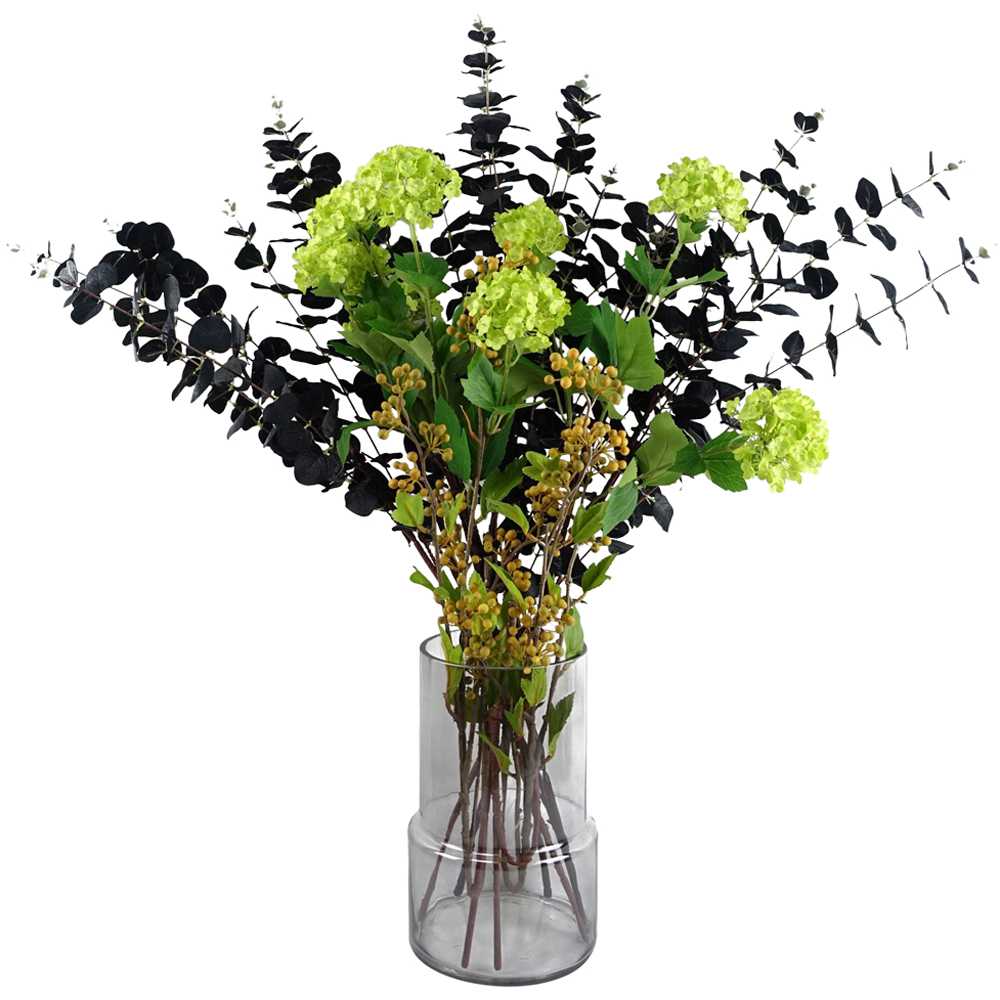 Leaf Artificial Black Eucalyptus and Viburnum Arrangement in Glass Vase 80cm Image 1