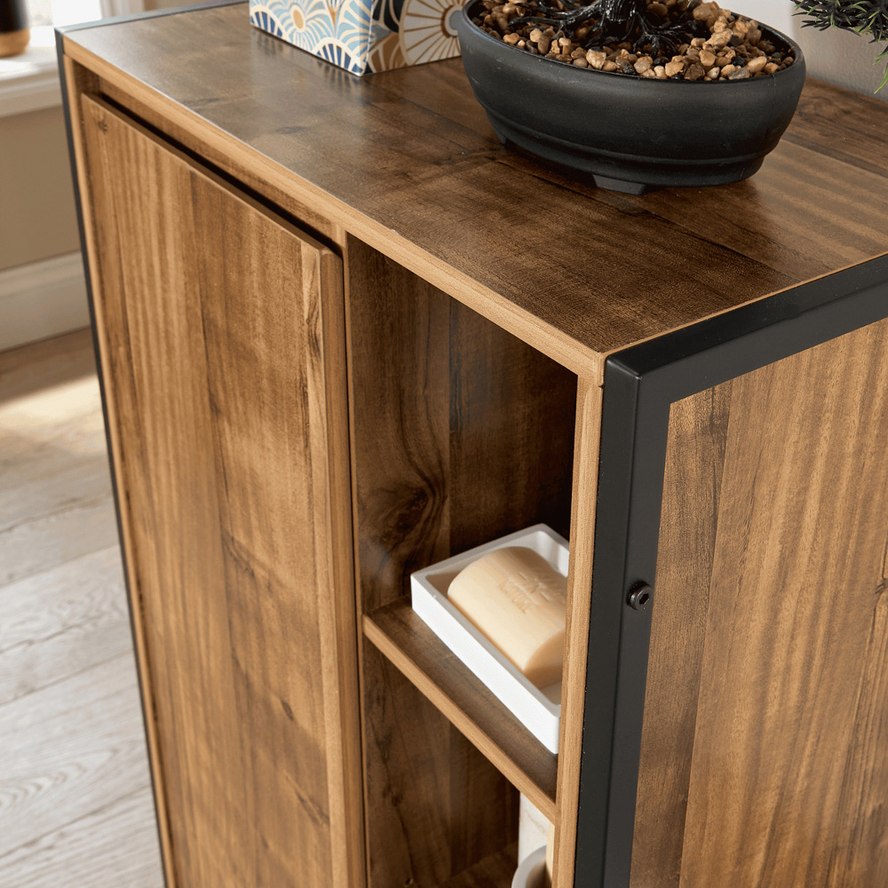 Home Source Locastra Single Door 3 Shelf Oak and Black Bathroom Floor Cabinet Image 4