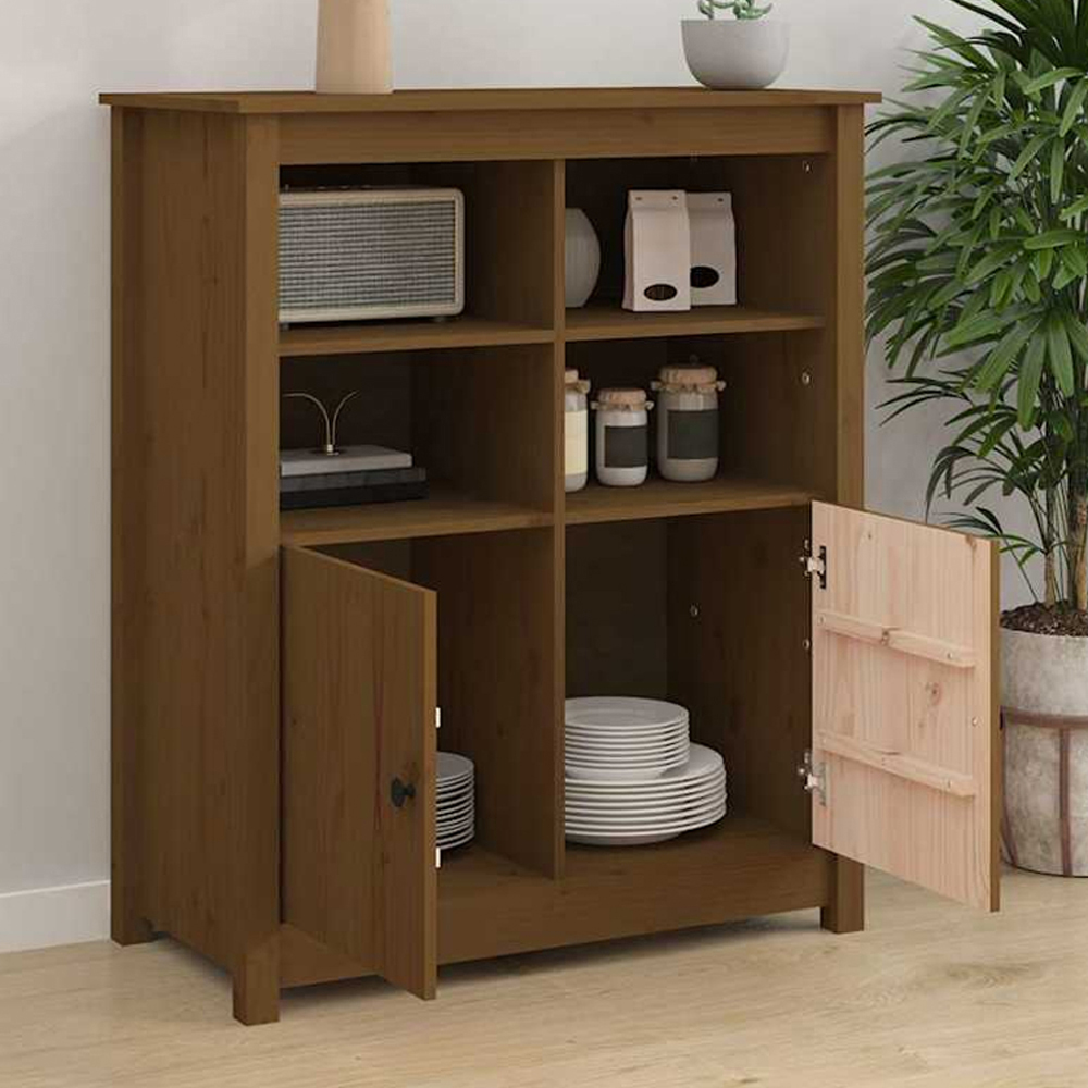 vidaXL 2 Door 4 Shelf Honey Brown Pine Wood Sideboard Image 1