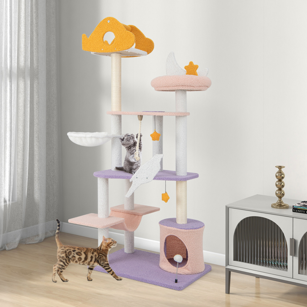 Costway Purple Multi Level Cat Tower with Sisal Covered Scratching Posts 167cm Image 2